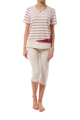 Бежова памучна дамска пижама 334 (къс ръкав и панталон 7/8)