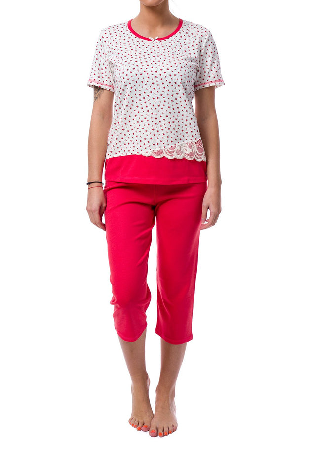 Памучна дамска пижама, цвят корал 334 (къс ръкав и панталон 7/8)
