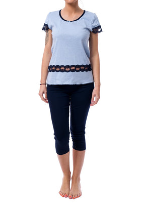 Синя дамска пижама от памучен рипс с дантела 331 (къс ръкав и  клин 7/8)