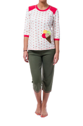 Памучна дамска пижама с щампа, цвят екрю и зелено 332 (3/4 ръкав и панталон 7/8)