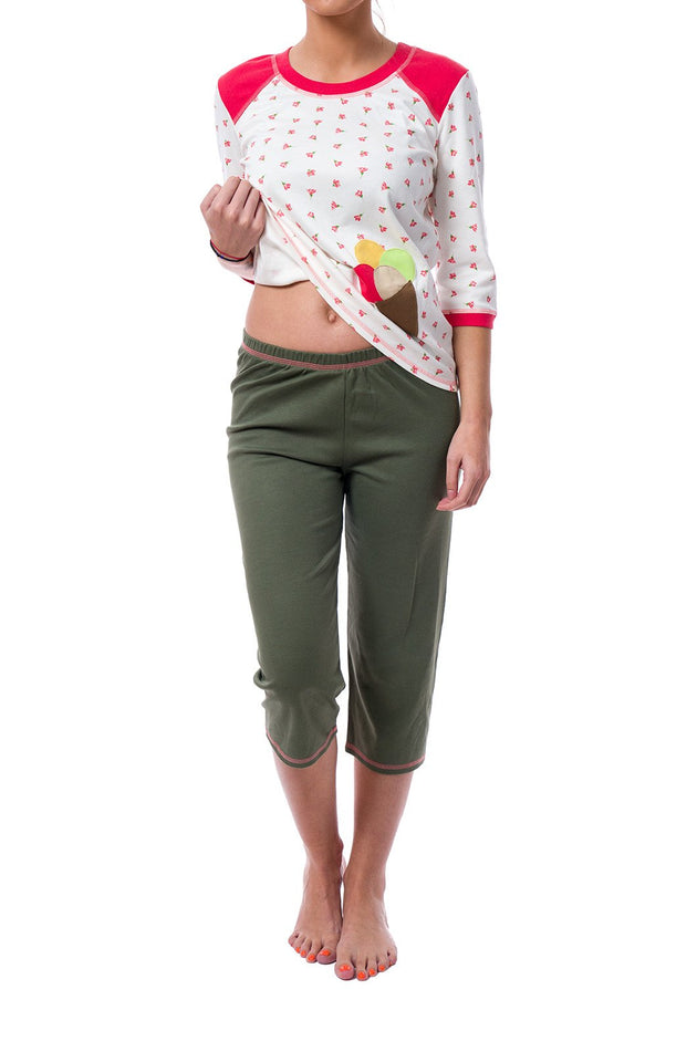 Памучна дамска пижама с щампа, цвят екрю и зелено 332 (3/4 ръкав и панталон 7/8)