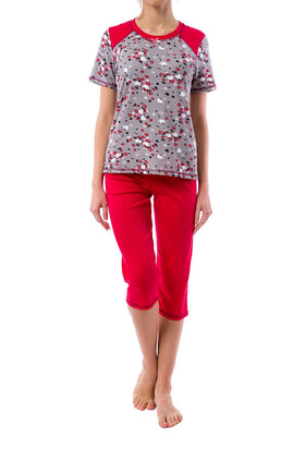 Памучна дамска пижама с щампа, цвят сиво и червено 332 (къс ръкав и панталон 7/8)