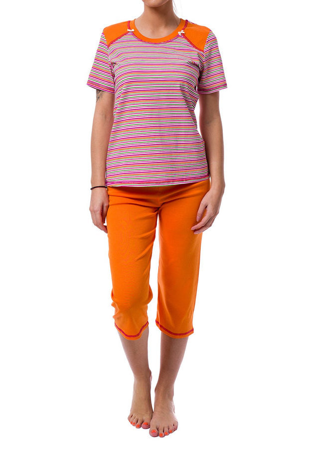 Оранжева памучна дамска пижама 332 (къс ръкав и панталон 7/8)