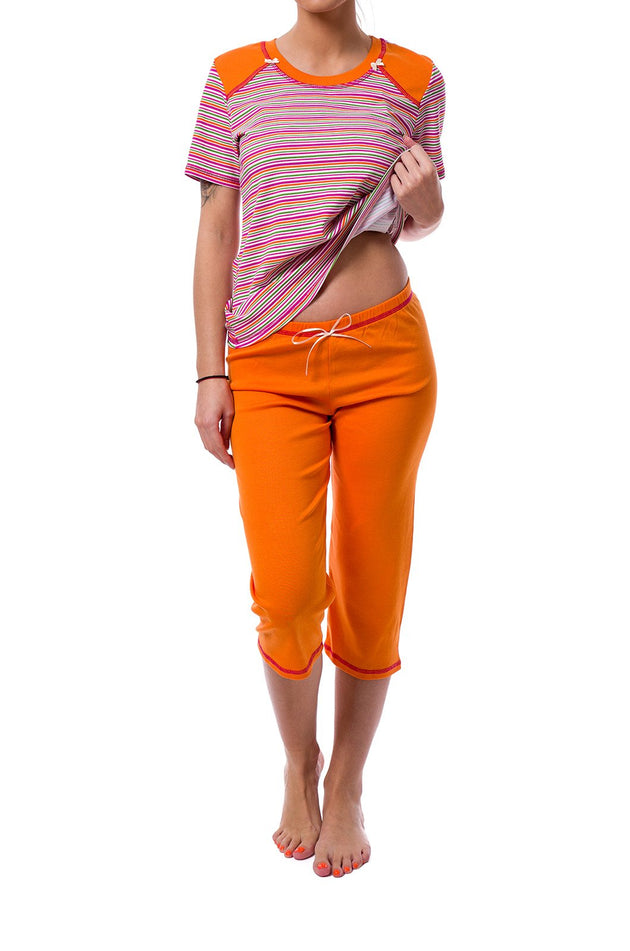 Оранжева памучна дамска пижама 332 (къс ръкав и панталон 7/8)