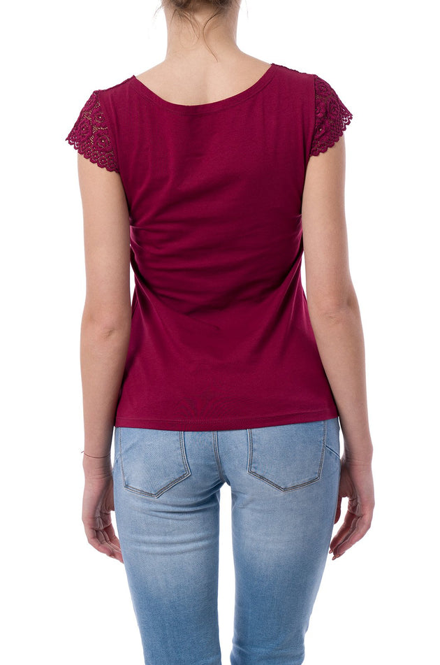 Памучна дамска блуза, цвят бордо с дантела 5201