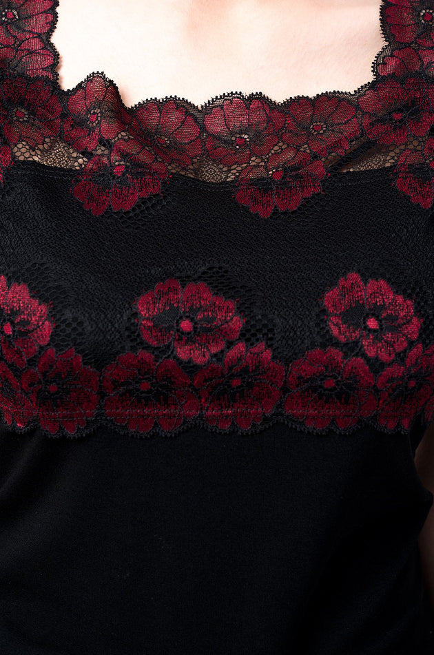 Черна памучна дамска блуза с  дантела, черно и бордо 5201