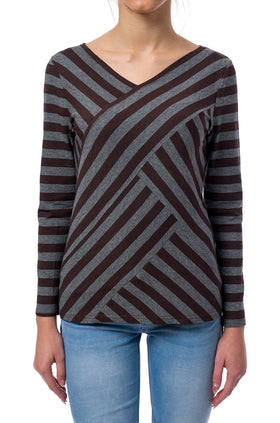 Памучна блуза с дълъг ръкав в сив цвят на кафяви райета 527