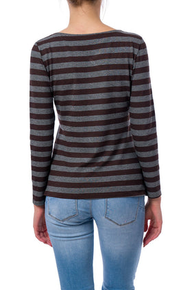 Памучна блуза с дълъг ръкав в сив цвят на кафяви райета 527